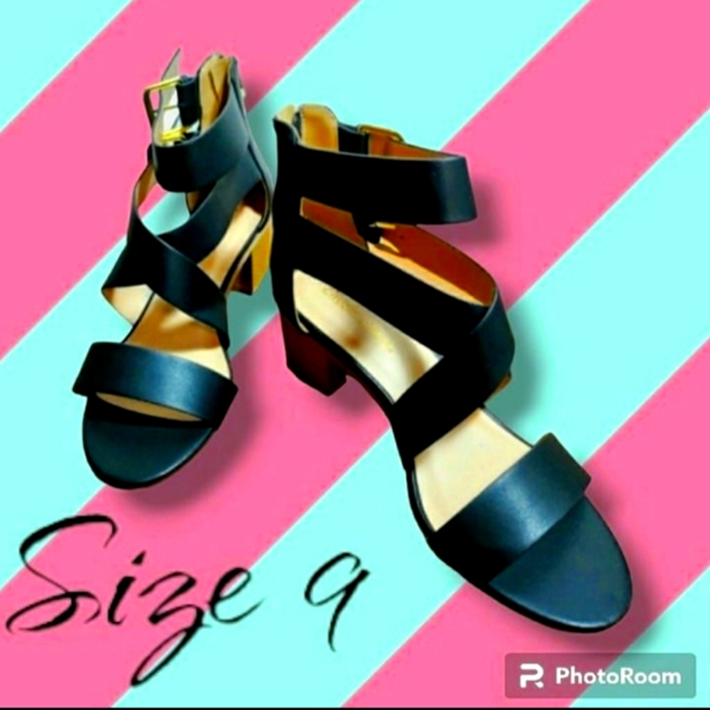 Black Strappy Block Heel Shoes Size 9